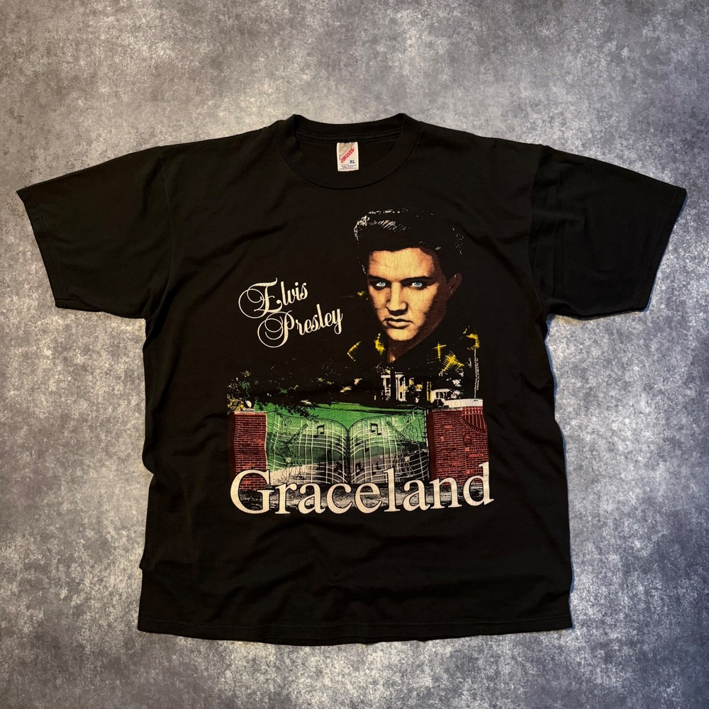Vintage Elvis Presley Graceland T-Shirt Jerzees XL Black Made in USA 90s‎